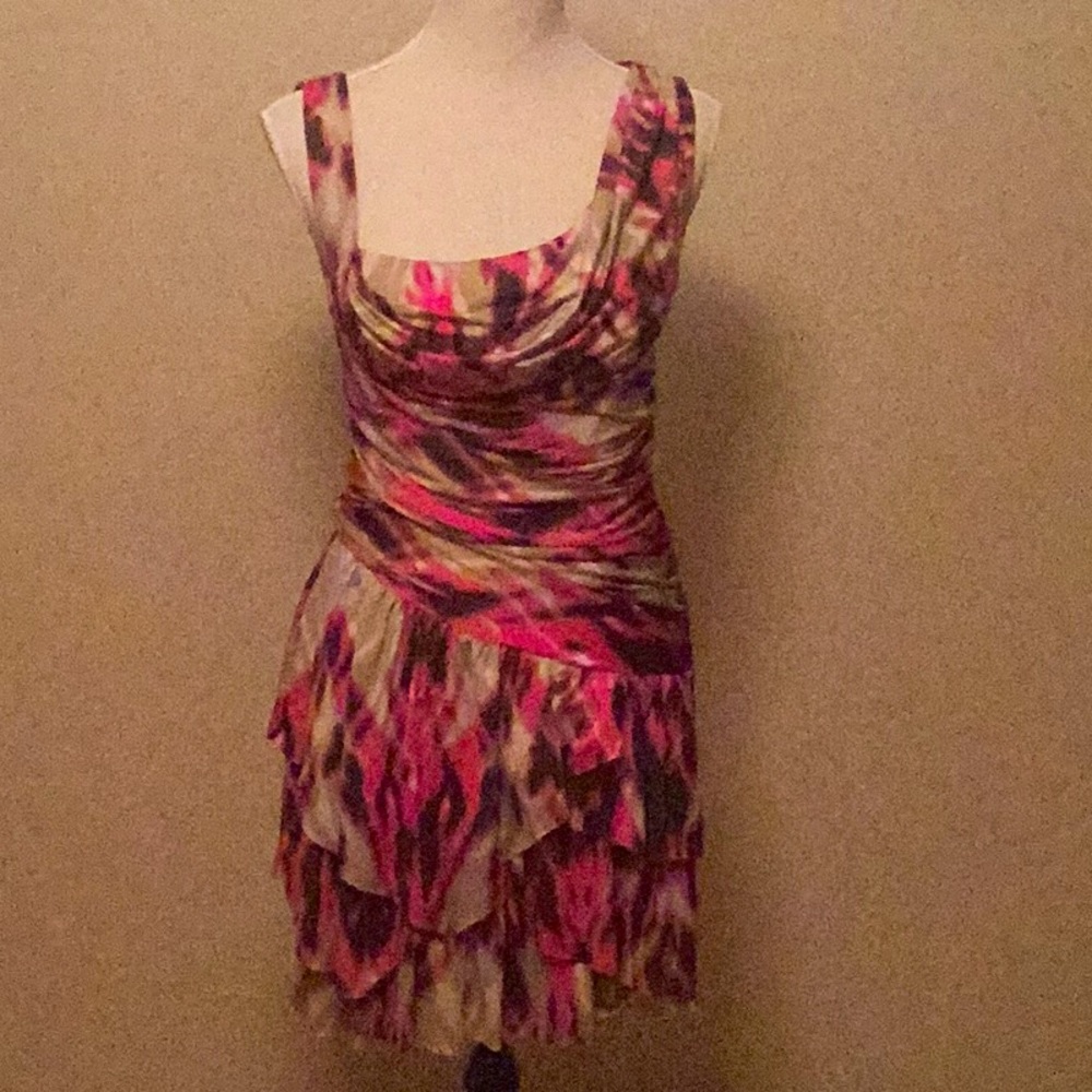 bebe Pink + Purple Multi Asymmetrical Ruffle Dress